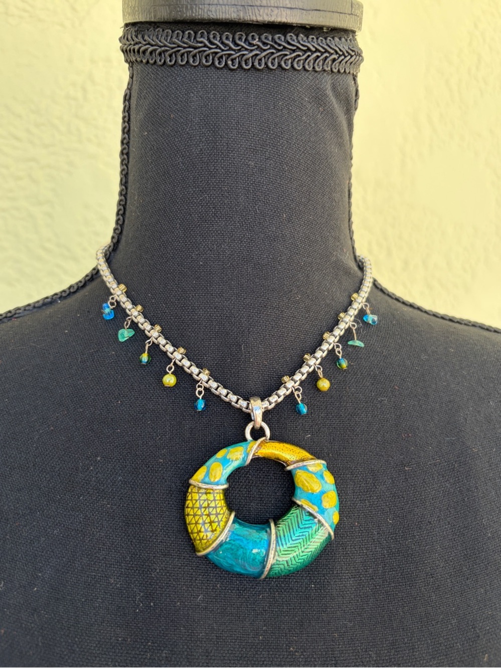 Chico's Turquoise & Yellow Enamel Donut Pendant Necklace